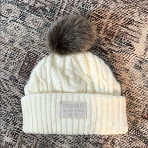 Carhartt Ivory Cable Knit Beanie with Brown Pom